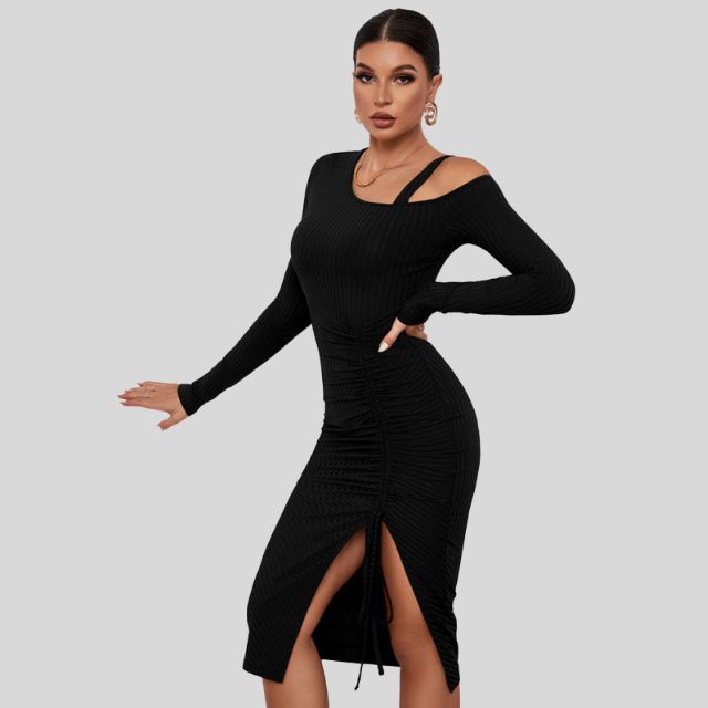 Ribbed knit dress with asymmetric shoulder