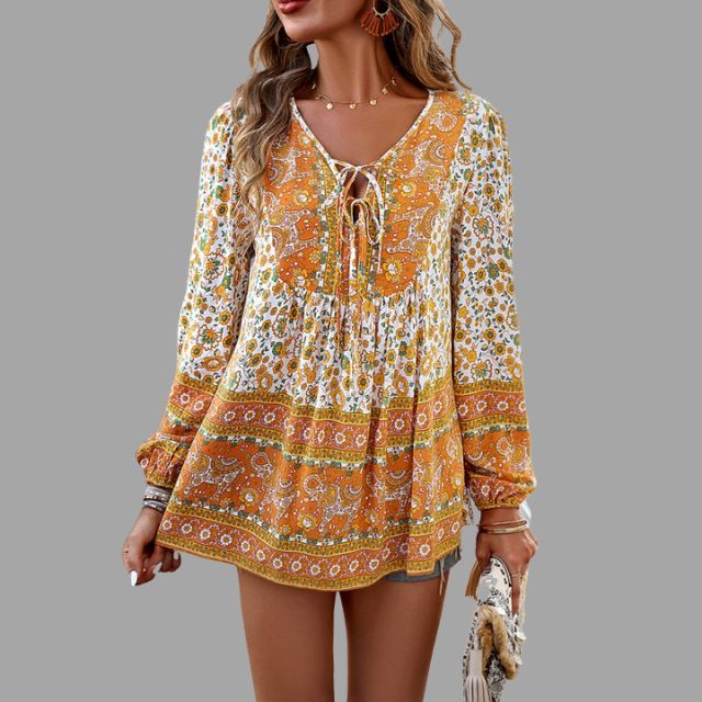 Bohemian paisley pattern tunic with lacing at the neckline