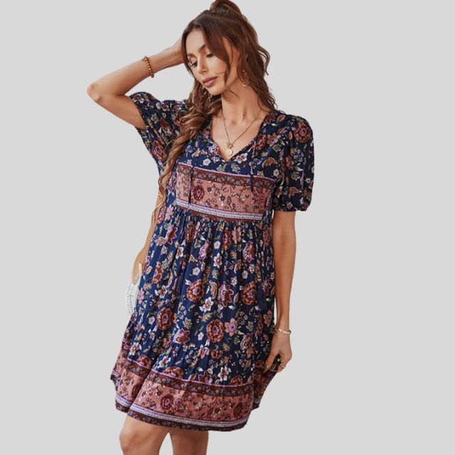 Boho-chic floral dress with high waist