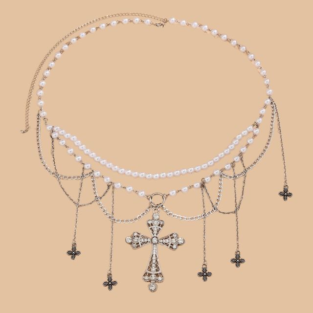 Gothic imitation pearl waist chain with cross pendants