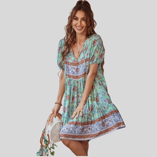 Boho-chic floral dress with high waist