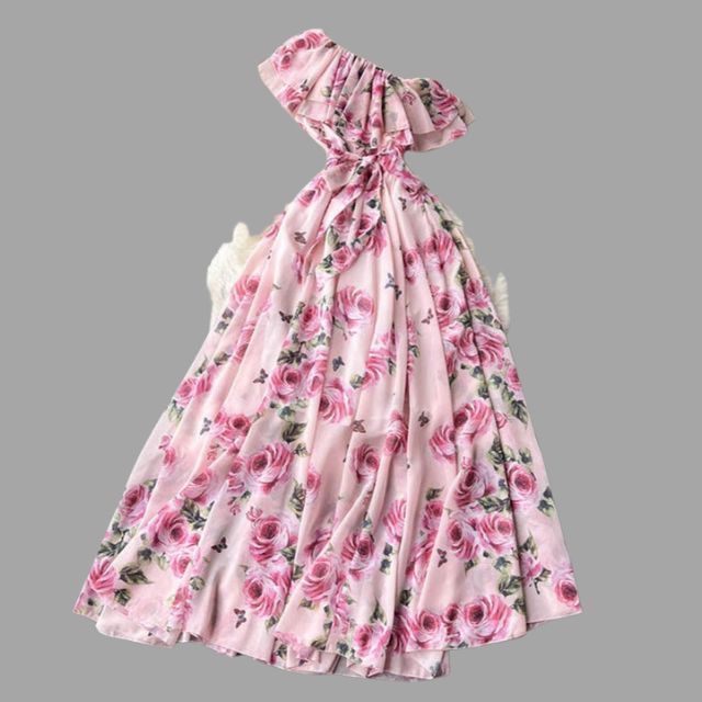 Floral dress with halterneck and ruffle detail