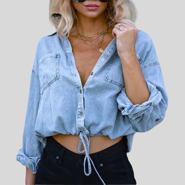 Denim blouse with tie front