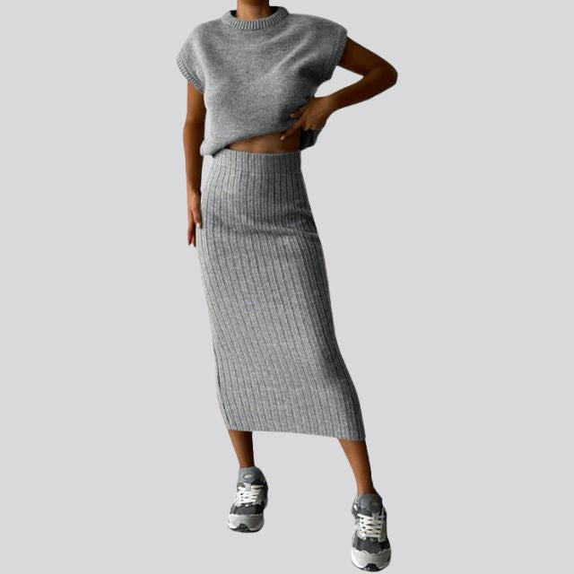 Sleeveless Knitted Top and Matching Ribbed Midi Skirt Set