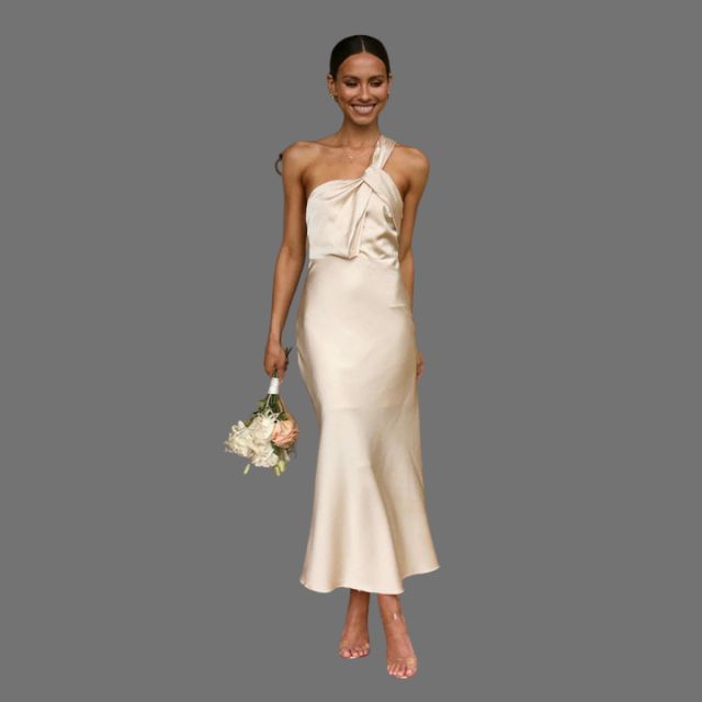 One-shoulder satin dress with draped detail