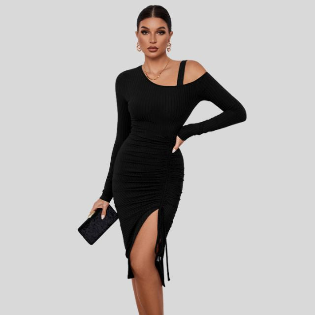 Ribbed knit dress with asymmetric shoulder