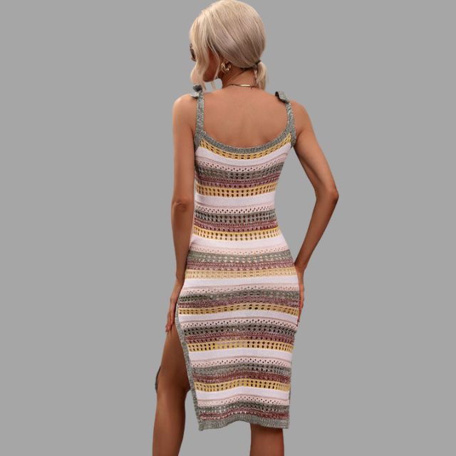 Crochet knit midi dress with ruffle details at the shoulders