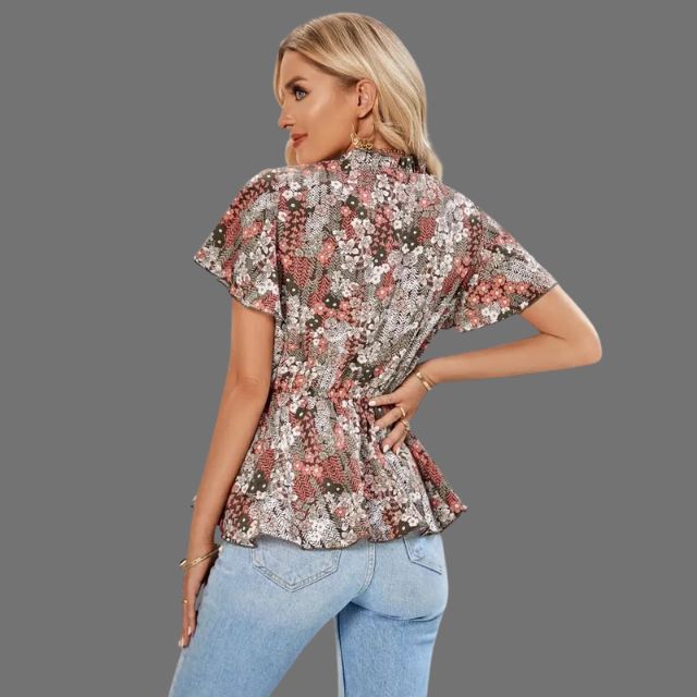 Floral peplum blouse with V-neckline