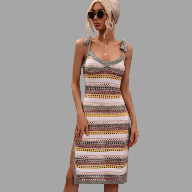 Crochet knit midi dress with ruffle details at the shoulders