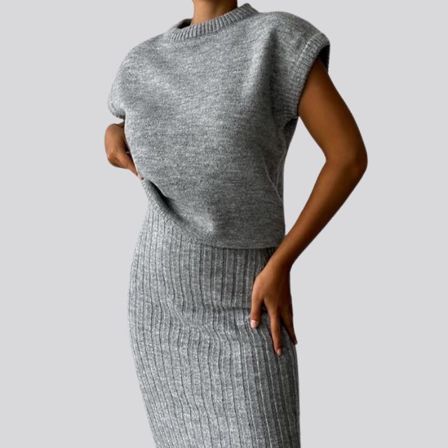 Sleeveless Knitted Top and Matching Ribbed Midi Skirt Set