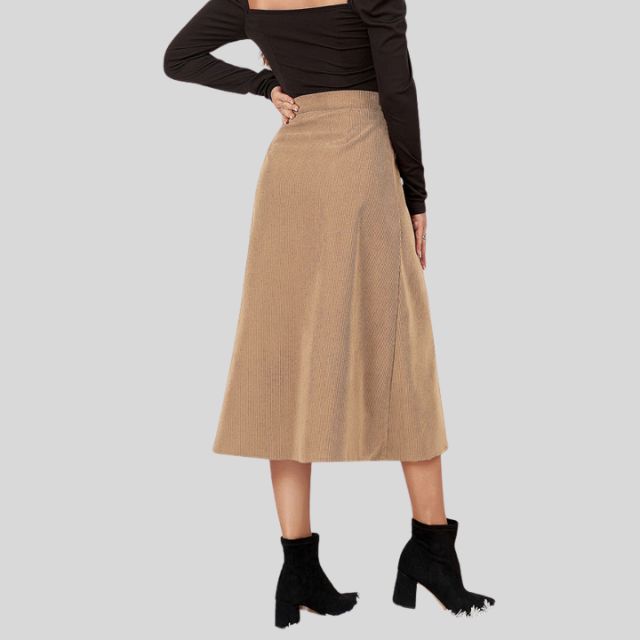 Ribbed A-line midi skirt with button placket