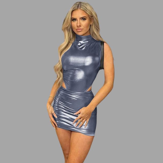 Metallic set comprising a sleeveless top and skirt with cut-out details