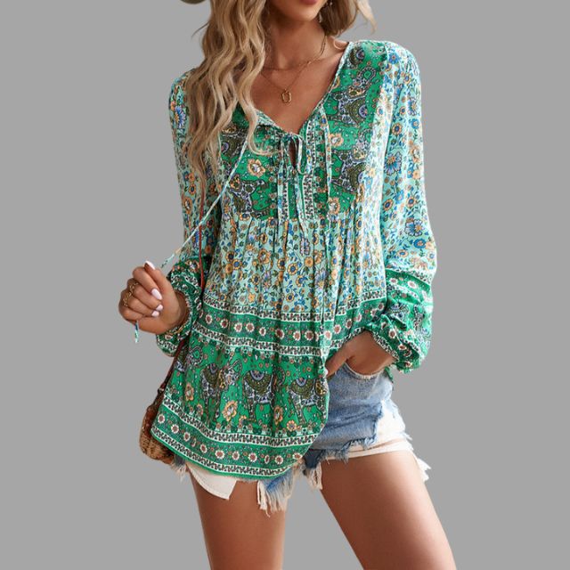 Bohemian paisley pattern tunic with lacing at the neckline