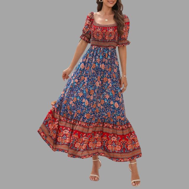 Boho maxi dress with floral pattern and off-the-shoulder cut