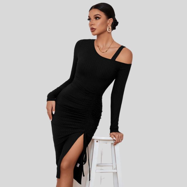 Ribbed knit dress with asymmetric shoulder