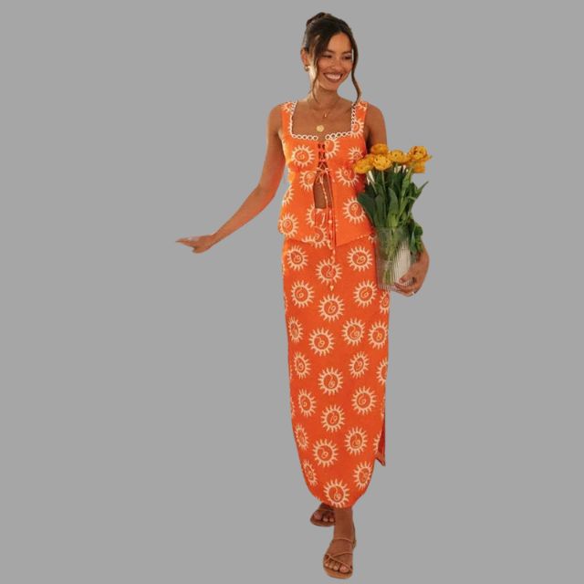 Boho chic maxi dress and top set with sunray print