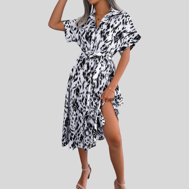 Flowing shirt dress with gathered waist