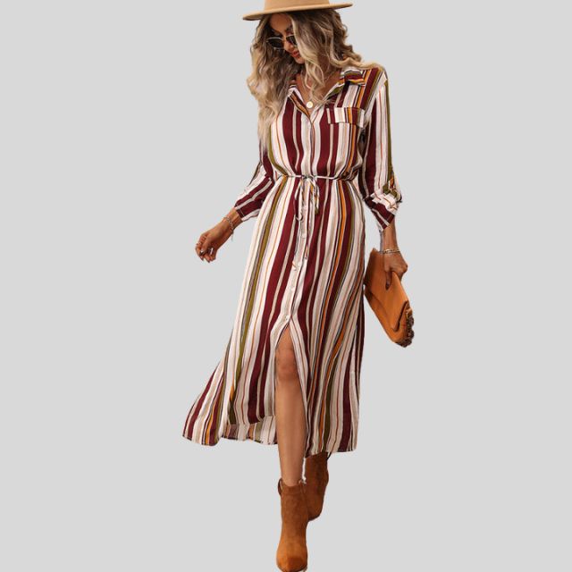 Striped shirt dress with belt and high slit