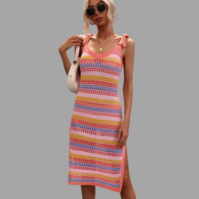 Crochet knit midi dress with ruffle details at the shoulders