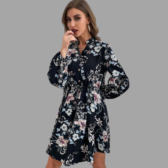 Shirt dress with floral pattern and gathered waist