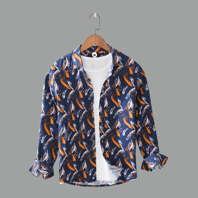 Shirt With Wrap Collar and Striking Feather Print