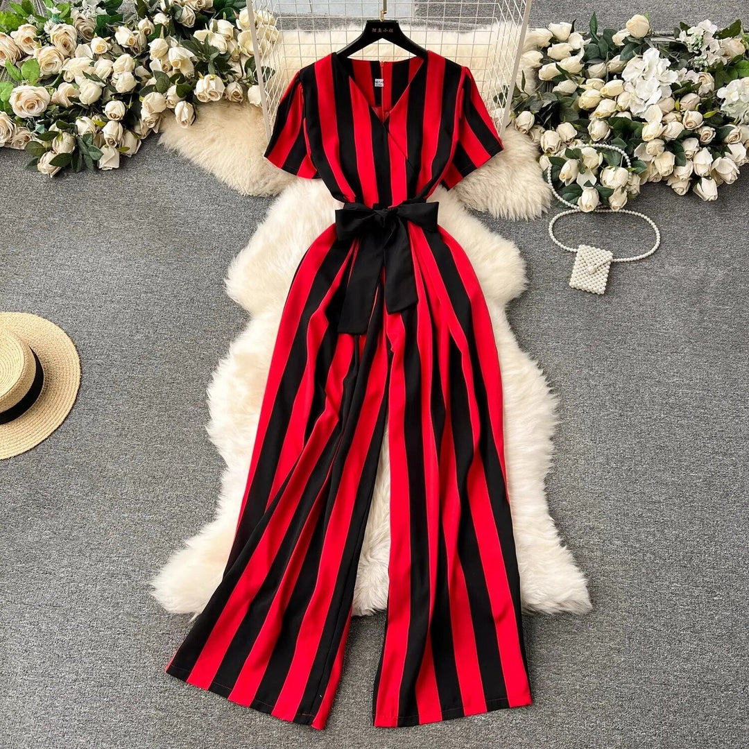 Women's Striped Bow Detailed Jumpsuit