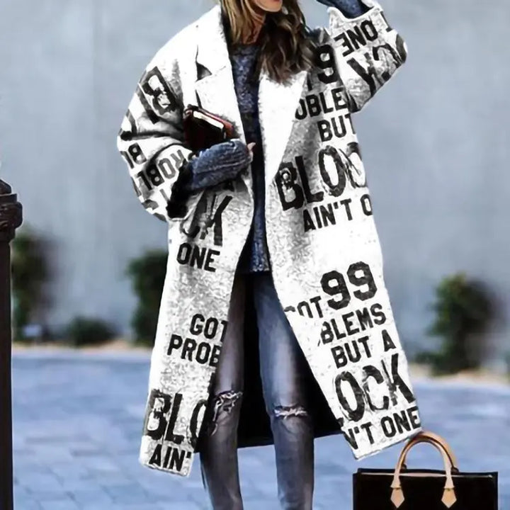 Trench coat with abstract print and wide lapel