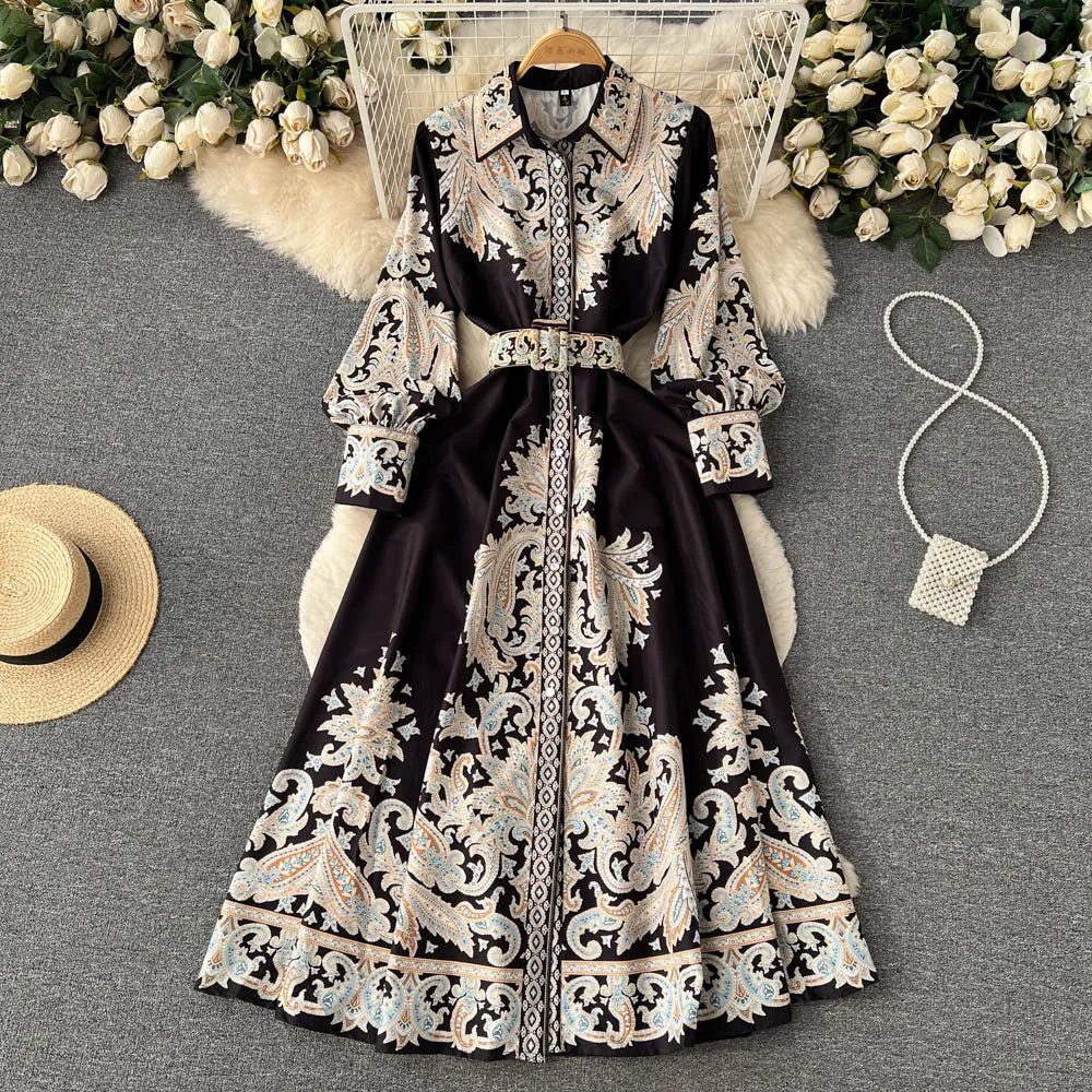 A-line dress with floral pattern belt