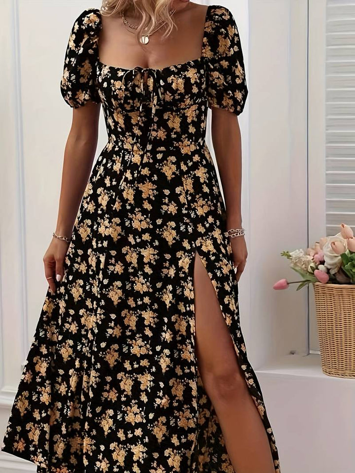 Floral puff sleeves with slit dress