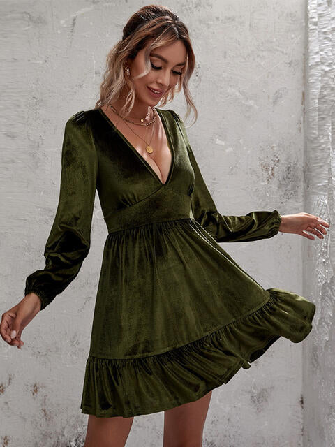 Plunge Ruffle Hem Dress