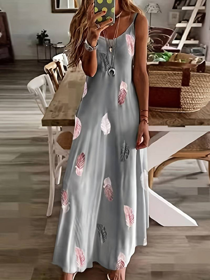 Long cami dress with feather pattern