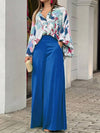 Stylish printed blouse and wide-leg trousers two-piece set for women