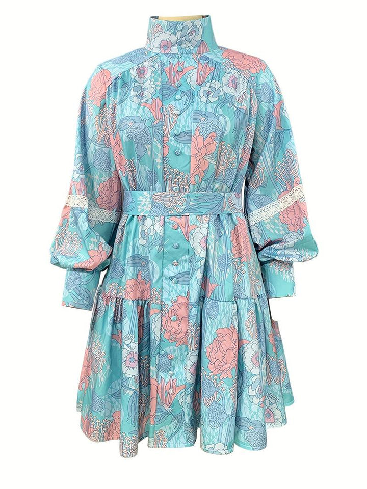 Flair dress with floral pattern and button placket