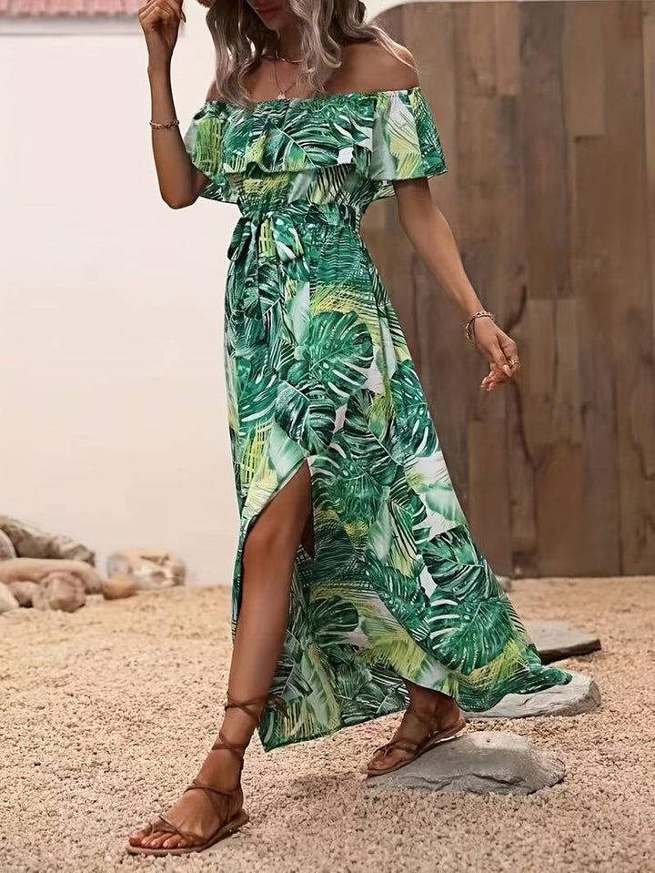 Off-the-shoulder dress with leaf print