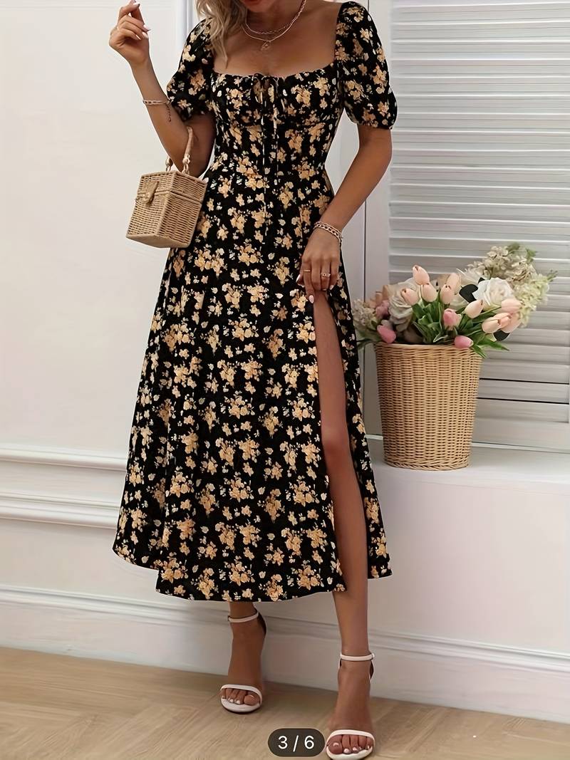 Floral puff sleeves with slit dress