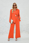 Long sleeve button blouse and wide trousers set for women