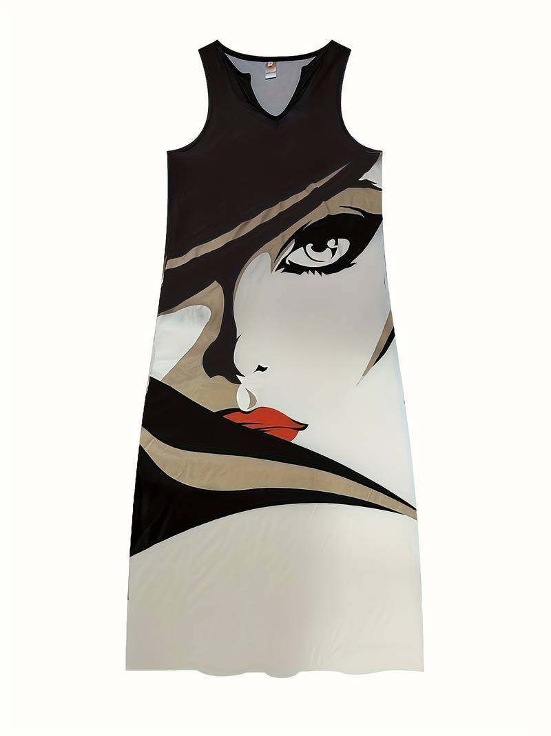 Long dress with face print and notched neckline