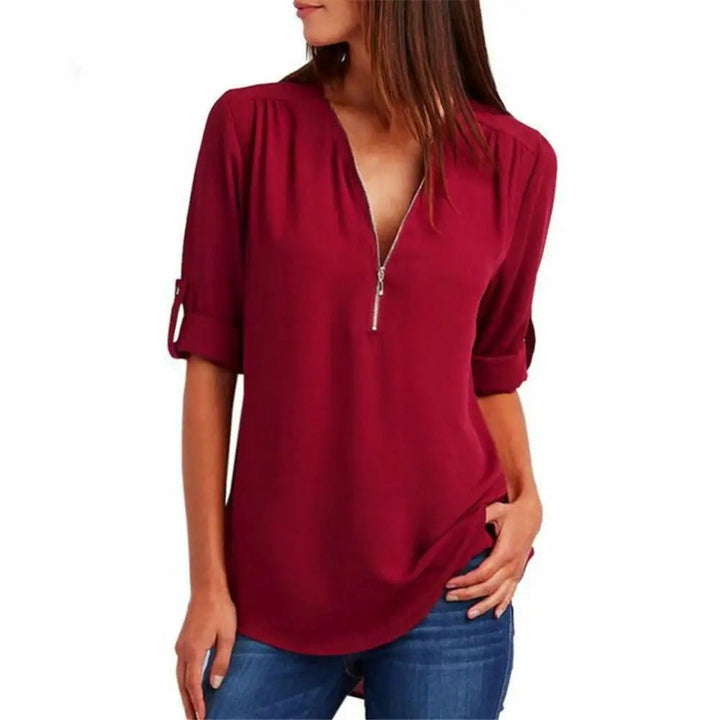 V-neck with half zip Warm loose blouse for women