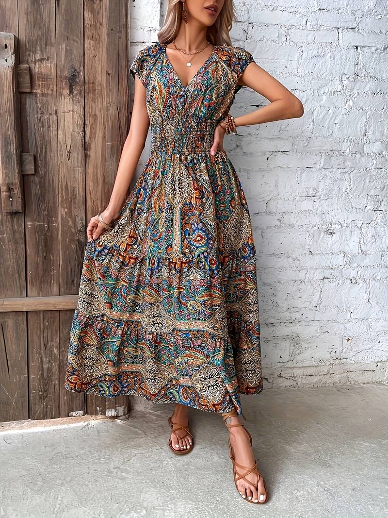 Long dress with ruffled paisley detail