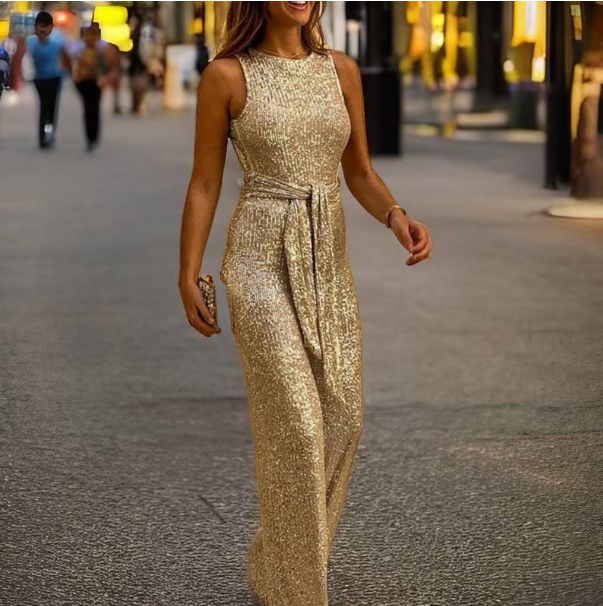 Jumpsuit with one shoulder and adjustable waist