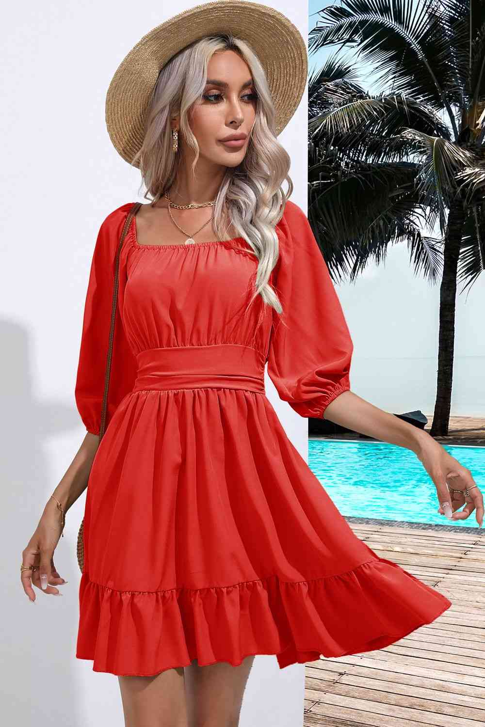 Square neckline back tie ruffle dress