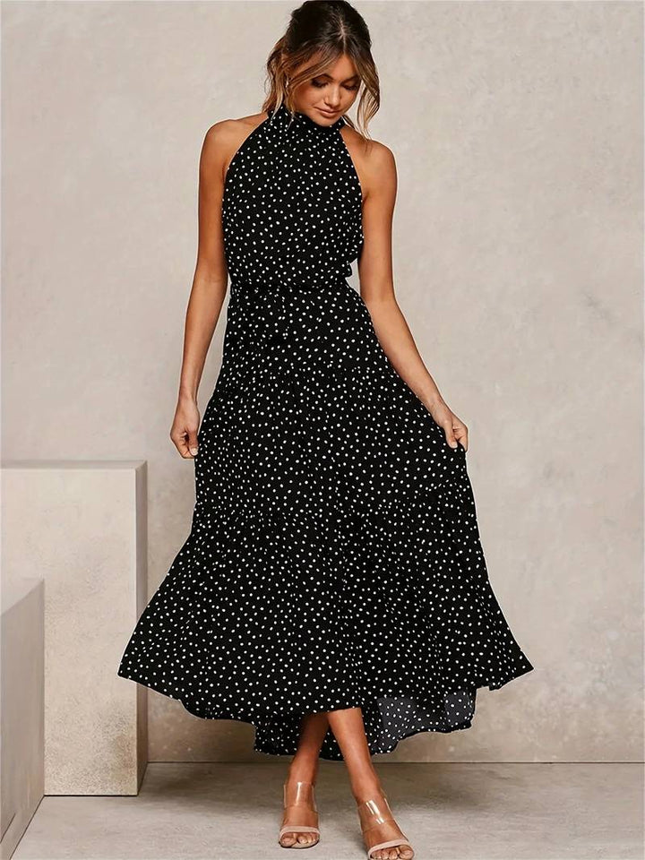 Jewelled neckline polka dot sleeveless dress