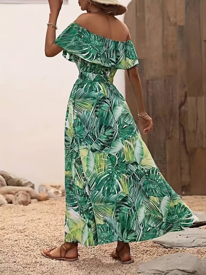 Off-the-shoulder dress with leaf print