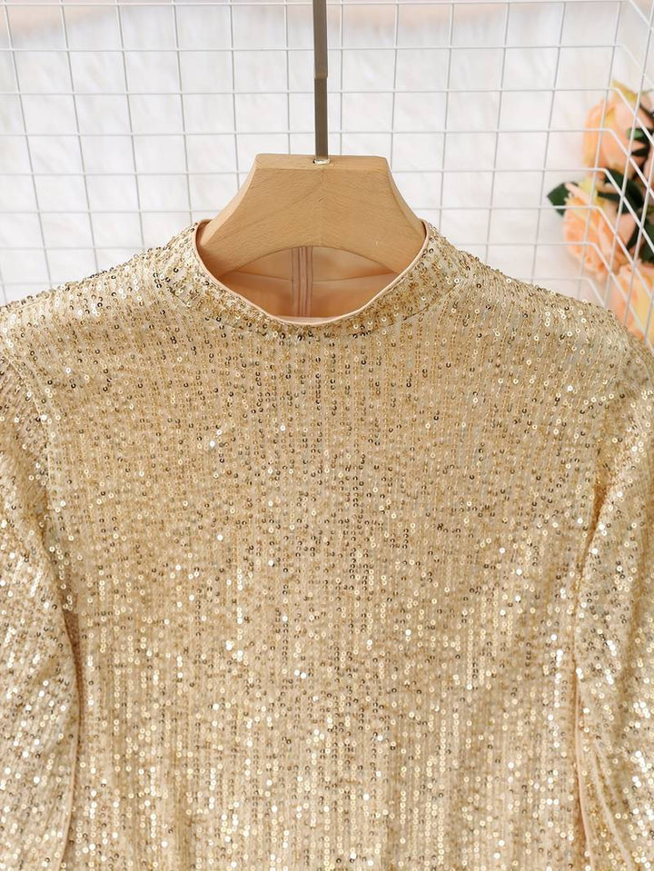 Gold-coloured sequin dress with stand-up collar