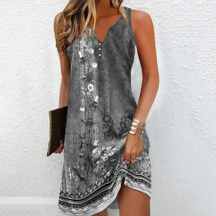 Sexy printed V-neck button sleeveless dress for women