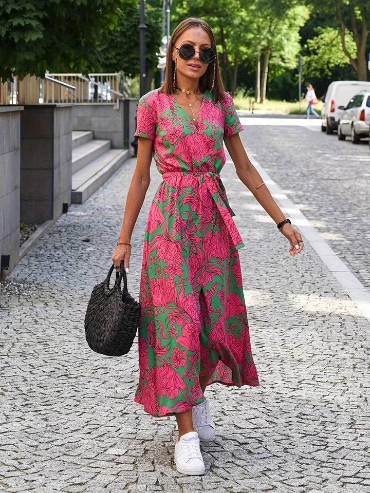 Floral split dress with waist bow