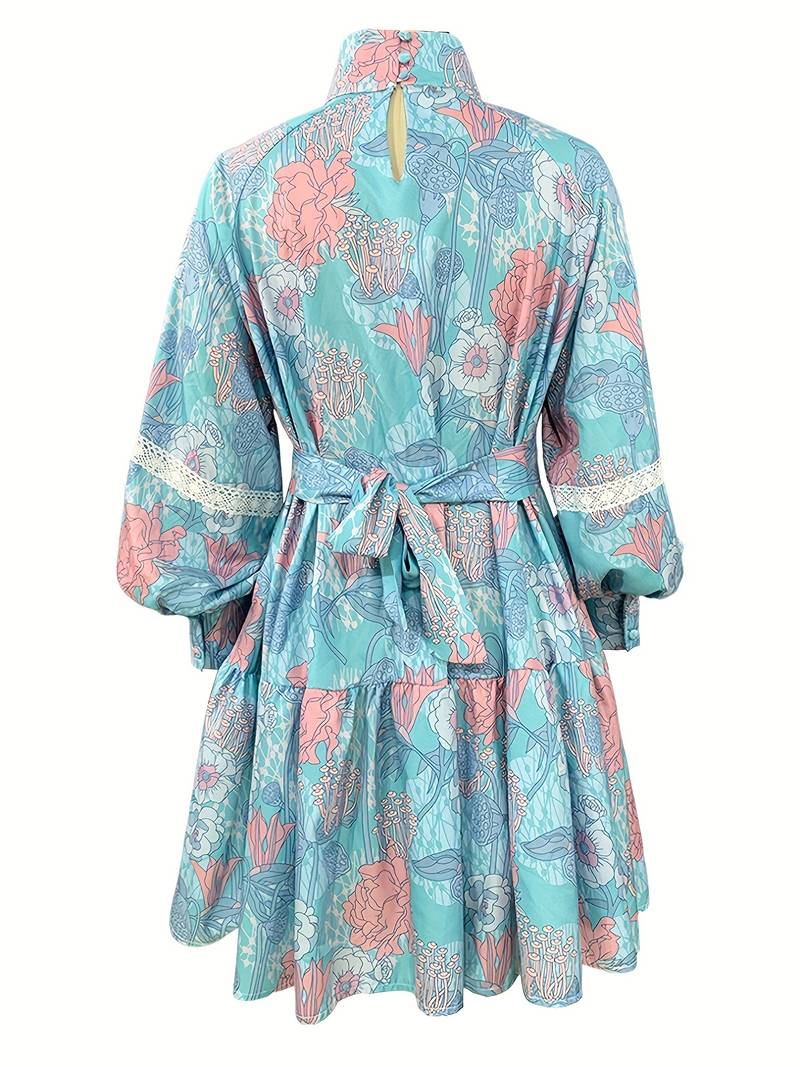 Flair dress with floral pattern and button placket