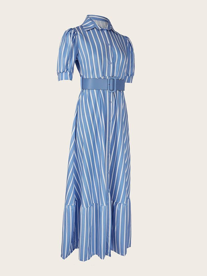 Elegant striped long dress with button placket