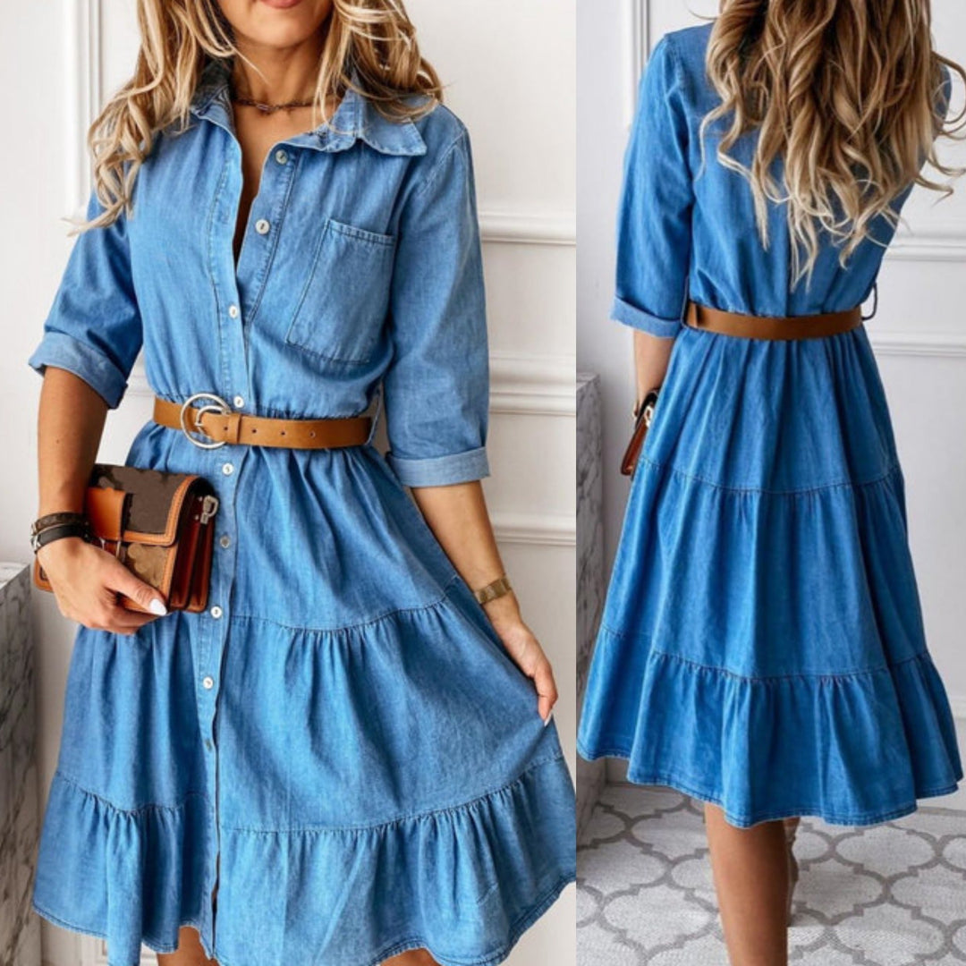 Blue denim dress with ruffles