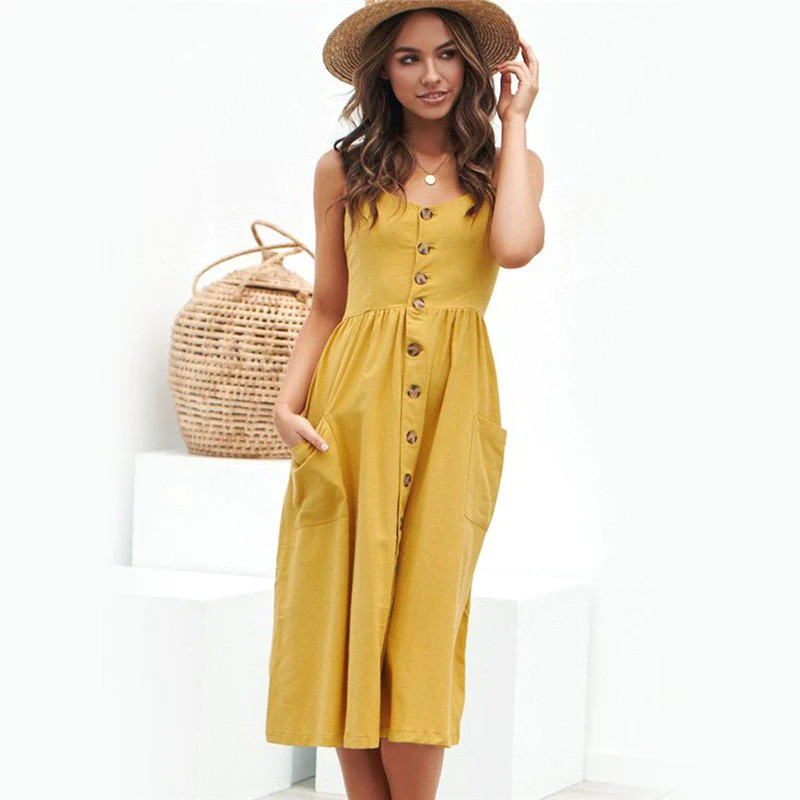 Buttoned midi summer dress with pockets